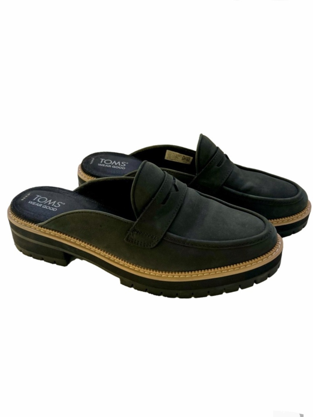 Toms Black Penny Mule Loafers with Tan Trim